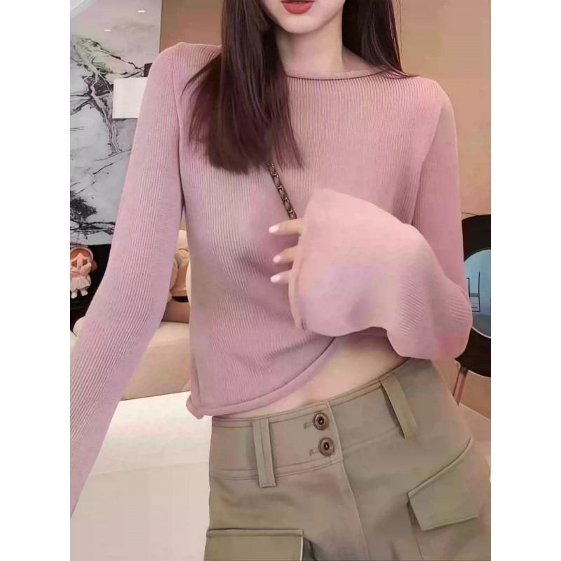Womens Flared Cuff Long Sleeve Top Slim Fit Lazy Style Basic Layer