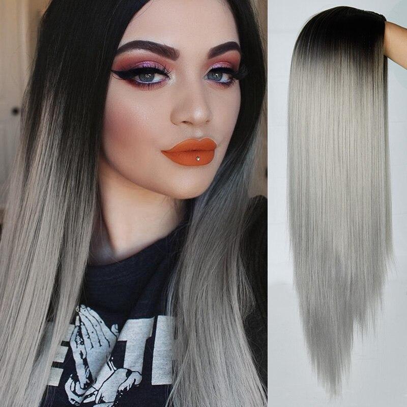 XINRAN Длинные прямые синие зеленые синтетические парики Ombre для женщин, 24-дюймовые черные фиолетовые парики, термостойкие парики для косплея