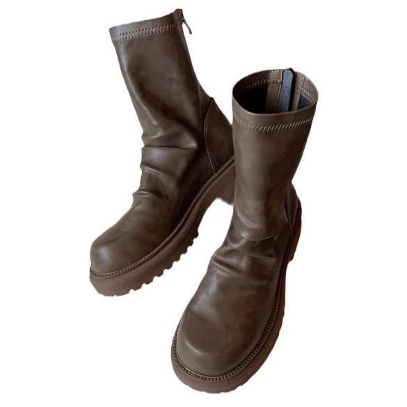 Виноградная мать зима новые плиссированные ботфорты на каблуке повседневный стиль корейская версия рыцарские ботинки удобная мягкая кожа ретро короткие ботинки