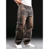 American Style Multi-pocket Work Jeans Men's Wide Leg Loose Fit Cargo Pants Biker Jeans Plus Size