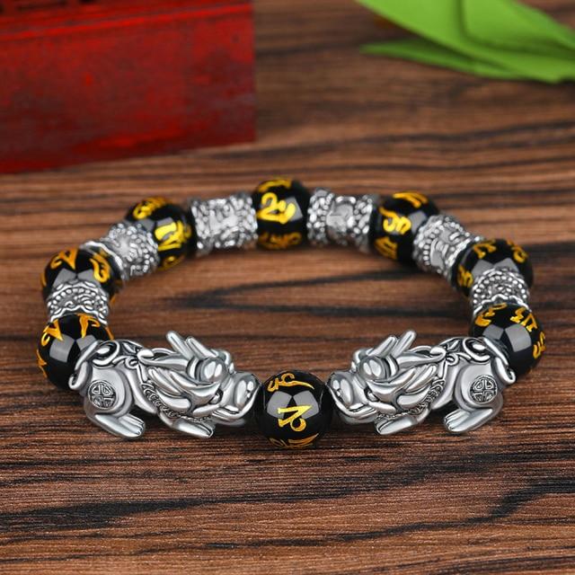 Black Obsidian Stone Bracelet Buddhism Feng Shui Six Words Pixiu Bead Bracelet Wristband Lucky Amulet Jewelry