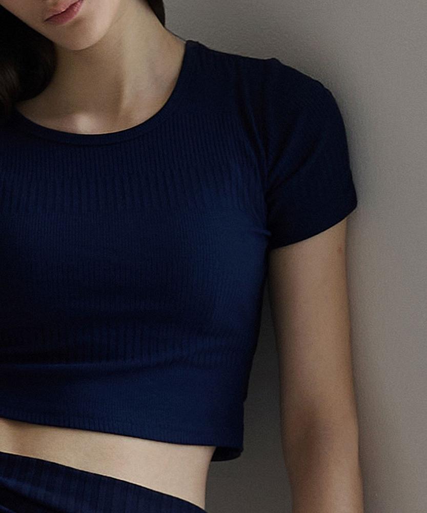 Женская одежда для йоги Debiweeo Devi-T0072-Navy Пилатес Твинг Ребристый с коротким рукавом
