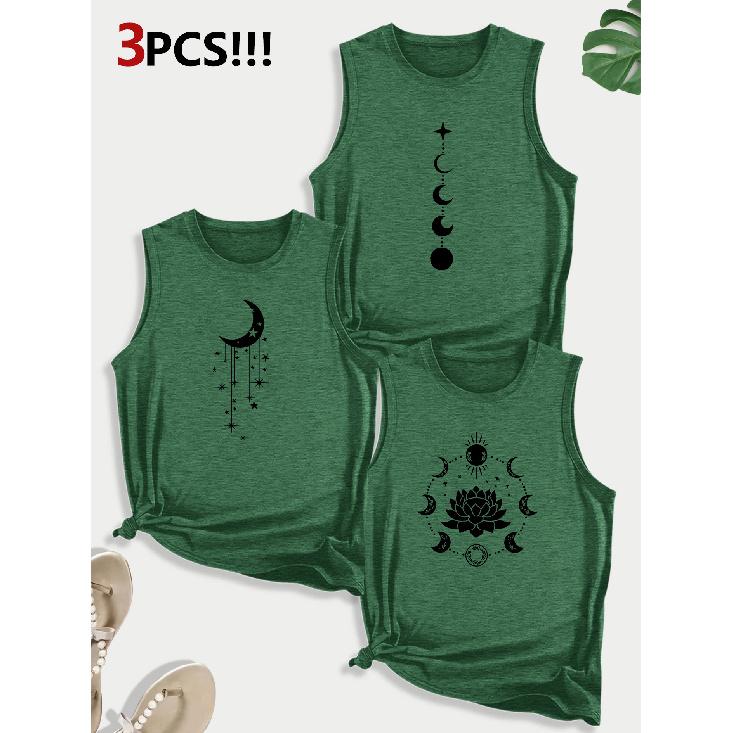 Leopard print, sunflower, and butterfly combination gift print pattern round neck3Pack of sleeveless vests for women in spring, summer, and autumn