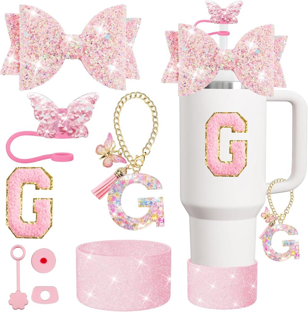 Набор из 8 предметов аксессуаров для стакана Stanley 30 унций 40 унций: топпер для соломинки, крышка-заглушка, чехол-ботинок, заглушка от проливания, подвеска-шарм, наклейка с инициалами