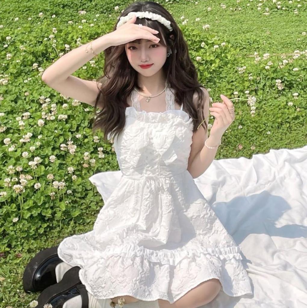 Lady Lazy Lolita White One Piece Sleeveless Dress Ruffles Simple White Loli Cosplay Costume Shooting White Mini Above Knee Length [Lady Lazy] (L)