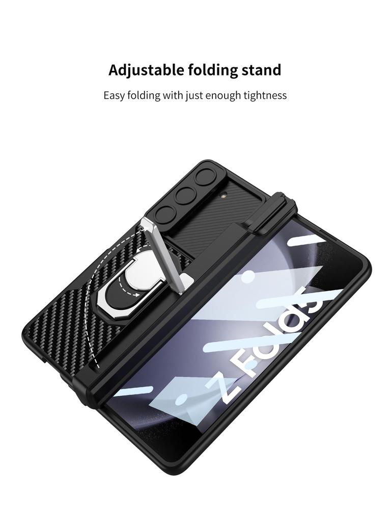 Магнитный кожаный бронированный чехол для Samsung Z Fold 5 с окошком для камеры и держателем для стилуса