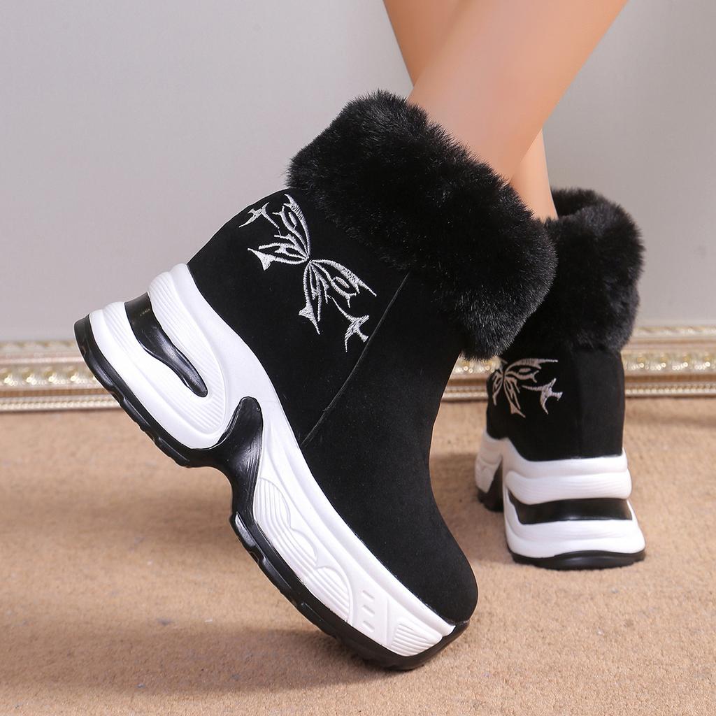 Women's Wide Width Suede Snow Boots, Plush Lined Height Increasing Booties, European Style Winter Ankle Boots