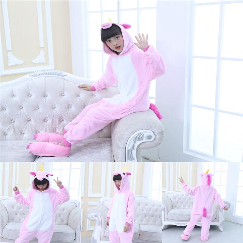 Rainbow Unicorn Kigurumi Pajamas for Kids Unisex Animal Flannel Cosplay Sleepwear with Shoes Boy