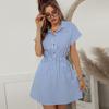 Spring Summer Striped Print Above Knee Dress Women Casual A-Line Turn-down Collar Short Sleeve Hig Waist Slim Button Pocket S-XL