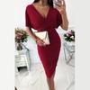 Summer Solid Colour V-neck Sexy Hip Dress Women's Short-sleeved