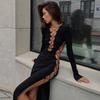 Women's Sexy Hollow Lace-up Slim Slit Long-sleeved Dress