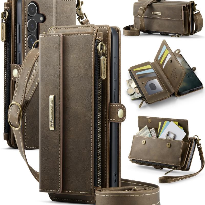 Чехол-бумажник с длинным ремешком из флип-кожи для Samsung Galaxy S26 Ultra S25 FE S24 Plus S23 S22 S21 A57 A17 A16 A56 A15 A55 A14 A54 с молнией и карманами для карт