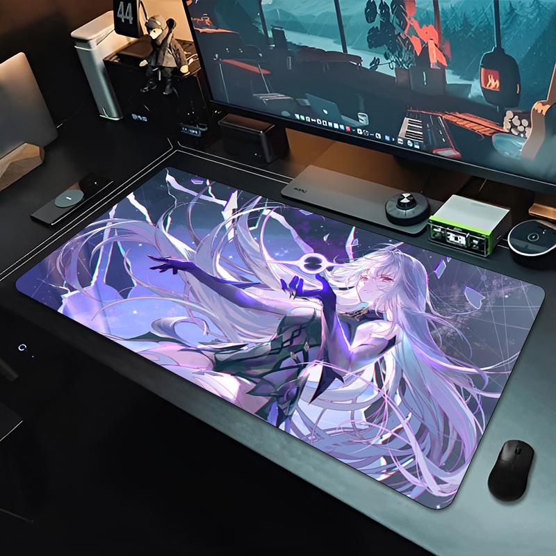 Игровой коврик для мыши Настольный коврик Противоскользящая резиновая основа Прошитые края Белые волосы Аниме-девушка Печать Расширенный коврик для клавиатуры для геймеров