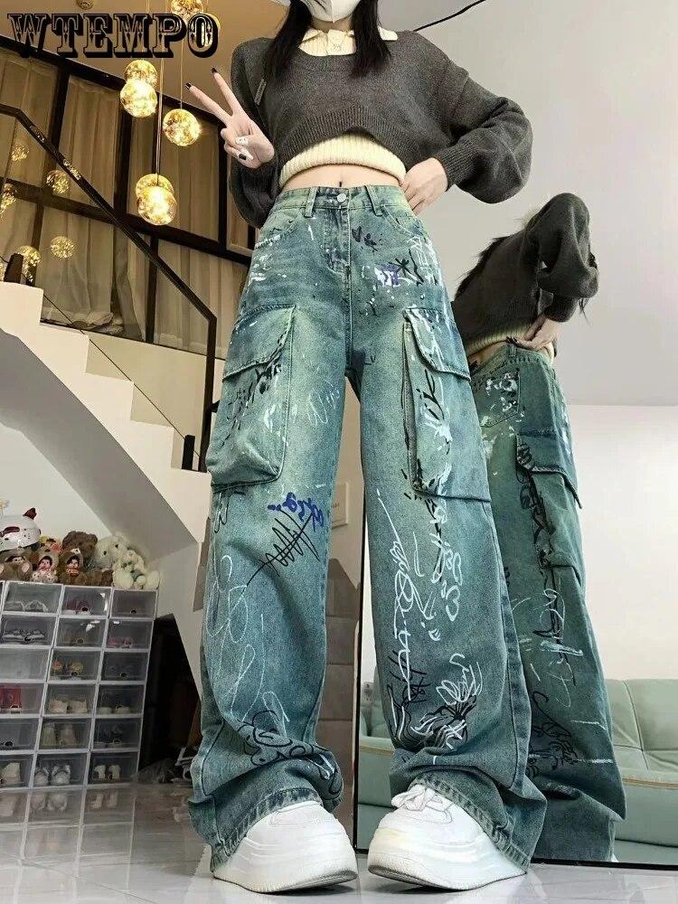 Painted Graffiti Letters Printed Washed Trendy New Wide-leg Jeans with Personality and Versatile Loose Casual Straight Pants