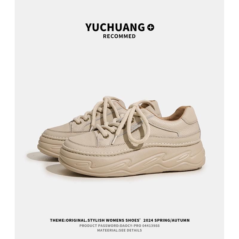 First layer cowhide casual bread shoes women's 2025 spring and autumn fashion versatile platform muffin retro sports board shoes women