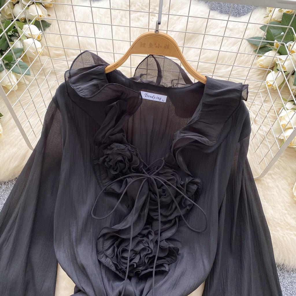 Sweet Pink 3D Floral Beach Short Dress Female Long Sleeves Lace Up Ruffle Chiffon Cake Sundress Sheer Sexy Vintage Bohemian Dress