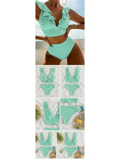 Разноцветное бикини с оборками, V-образным вырезом и высокой талией - Женский европейский и американский пляжный купальник