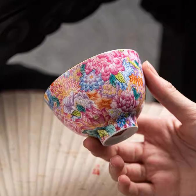 Hundred flowers enamel color master cup tea cup single cup tea cup tea drinking personal household ceramic kung fu tea set tea bowl