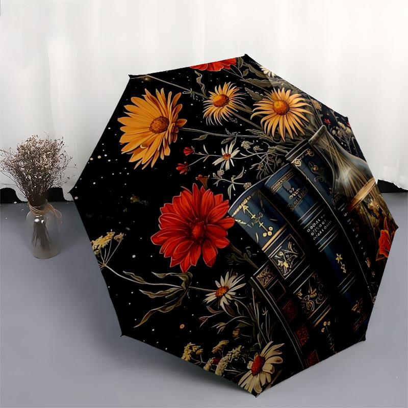 1pc Floral Bookshelf Night Garden Umbrella with Plastic Handle,Suitable for All Seasons Home Travel Outdoor UmbrellaDD442