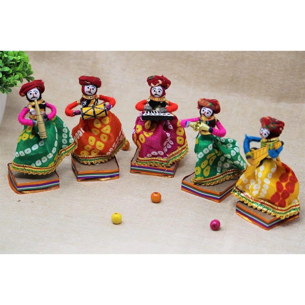Recycled Material Rajasthani Home Decor Items Musician Bawla Puppets Idol Show Pieces for Home Decor 11 X 28 Cm Multicolor, 5 Pieces (Male Puppets)