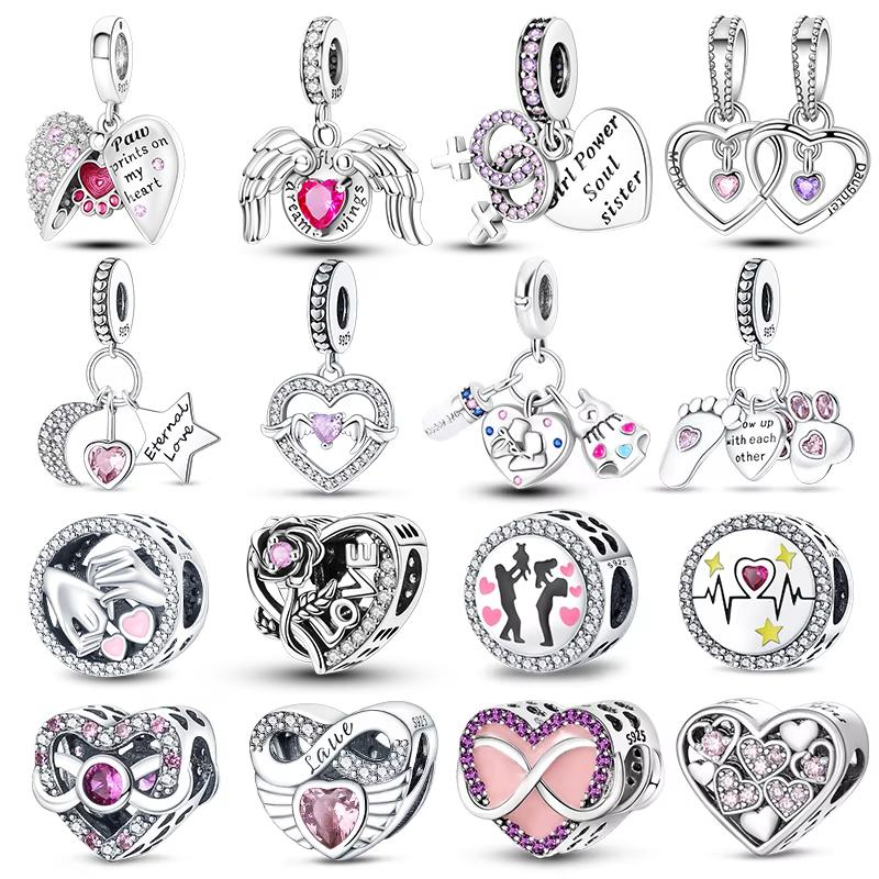 Настоящая медь Розовая серия Шармы-бусины в форме сердца Подходят для оригинальных браслетов Qikaola Сделай сам Украшения на День матери Подарок для мамы