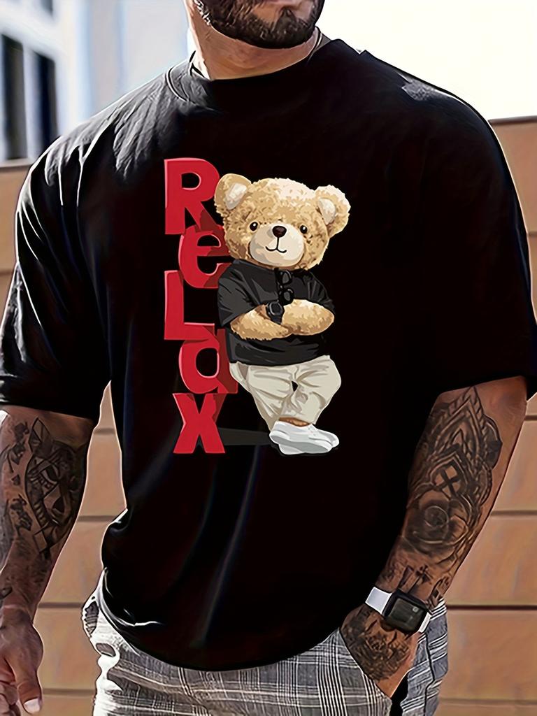 Mens casual crew neck Tshirt 100 cotton light stretch knit regular fit relaxed teddy bear pattern Tshirt