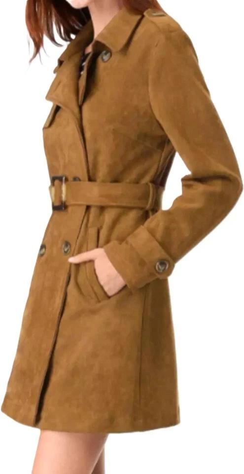 Trench Coat Genuine Casual Stylish Soft Women Brown Suede Handmade Lambskin New