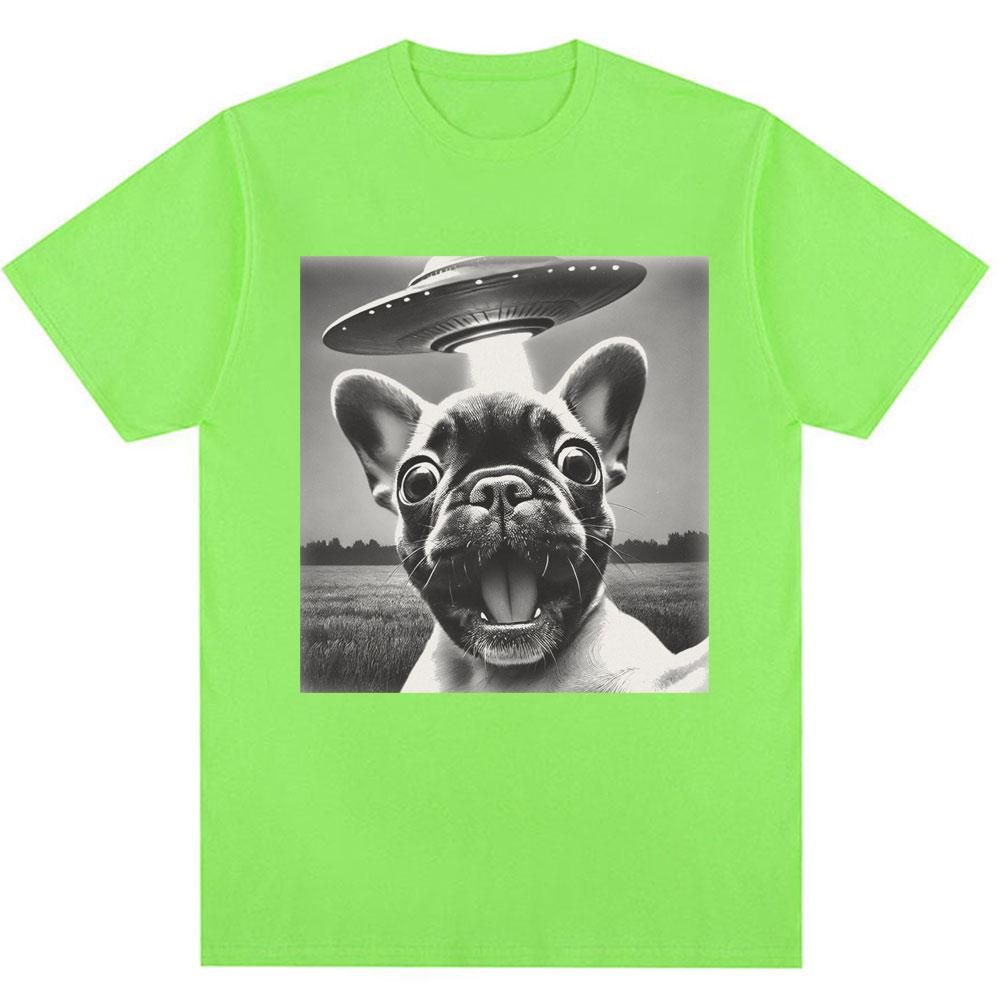 French Bulldog UFO Funny Meme Graphic T-shirt Vintage Fashion Men Women Short Sleeve Oversized Cotton Summer T Shirts Streetwear