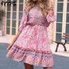Women's Fashion Bohemia Summer Spring Floral Print 1/2 Sleeves V-Neck Casual Dresses