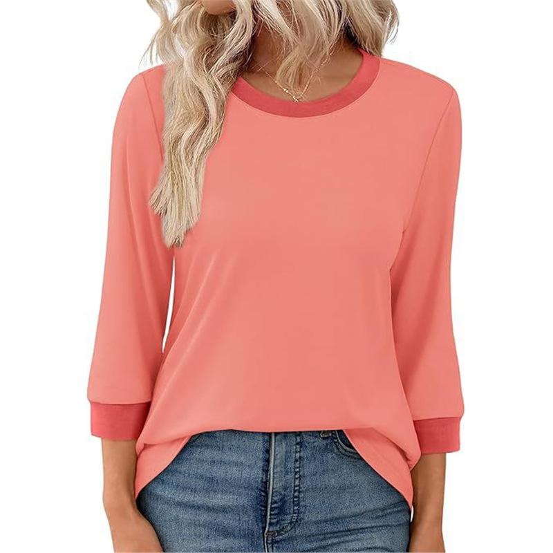 Весна Осень Футболка с круглым вырезом и пэчворком Женская с длинным рукавом Повседневная Модная Всепогодная Базовая Толстовка Футболка Топ