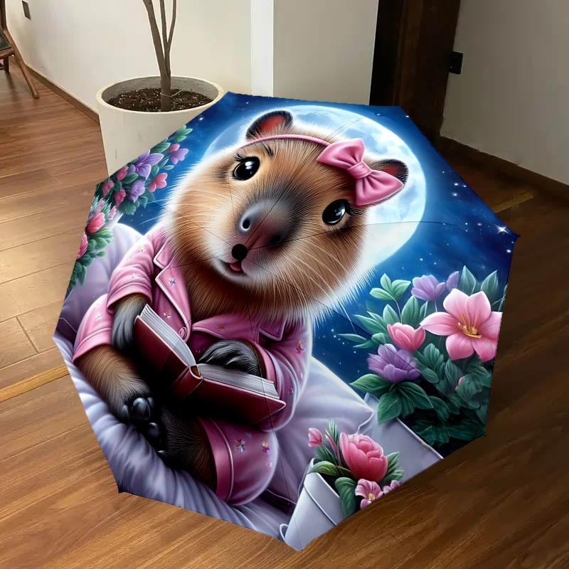 1PC Hamster, FlowersAutomatic Open/Close Umbrella with Windproof, 8-Rib Sturdy Canopy, Durable Ribs, Fashionable Design, Outdoor Accessory, Fun Prin,