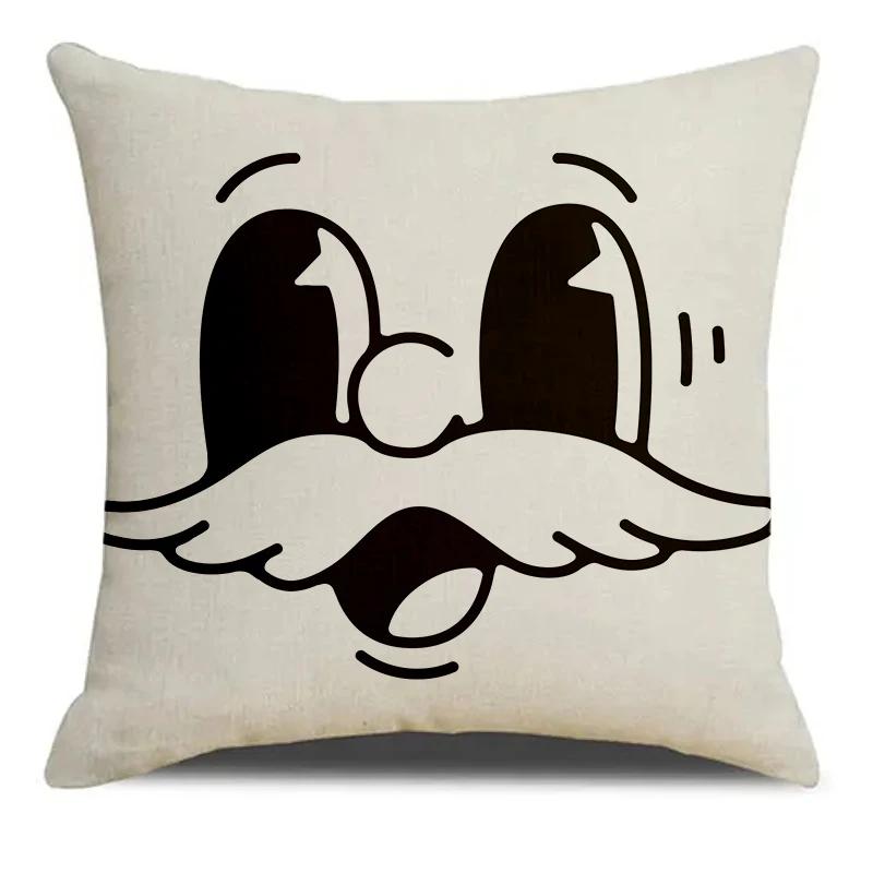 Черно-белый мультяшный узор с выражением лица, напечатанный квадратный наволочка, смесовый чехол для подушки, наволочка, декор для дома в гостиной