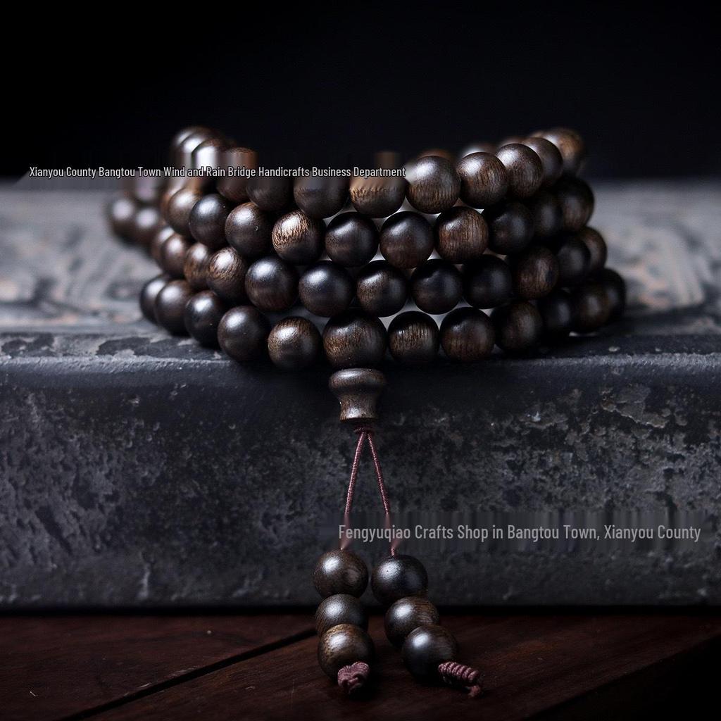 Agarwood Black Qinan High Oil Sinking Bracelet: 108 Bead Buddhist Rosary with Round and Barrel Beads, High-Quality Woody Hand Jewelry.