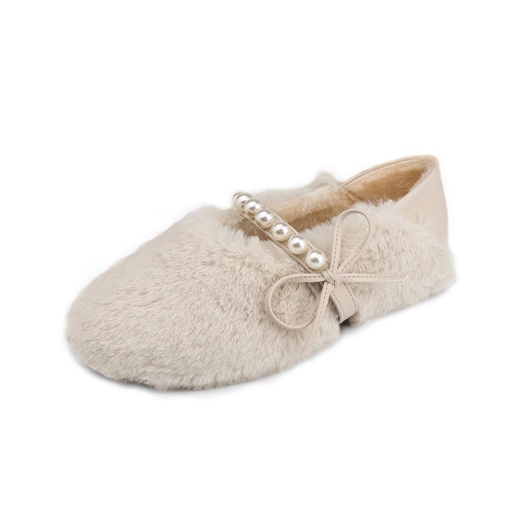 Зимние новые плюшевые туфли Мэри Джейн, женские модные универсальные термотуфли с жемчугом, задняя плюшевая повседневная плоская хлопковая обувь