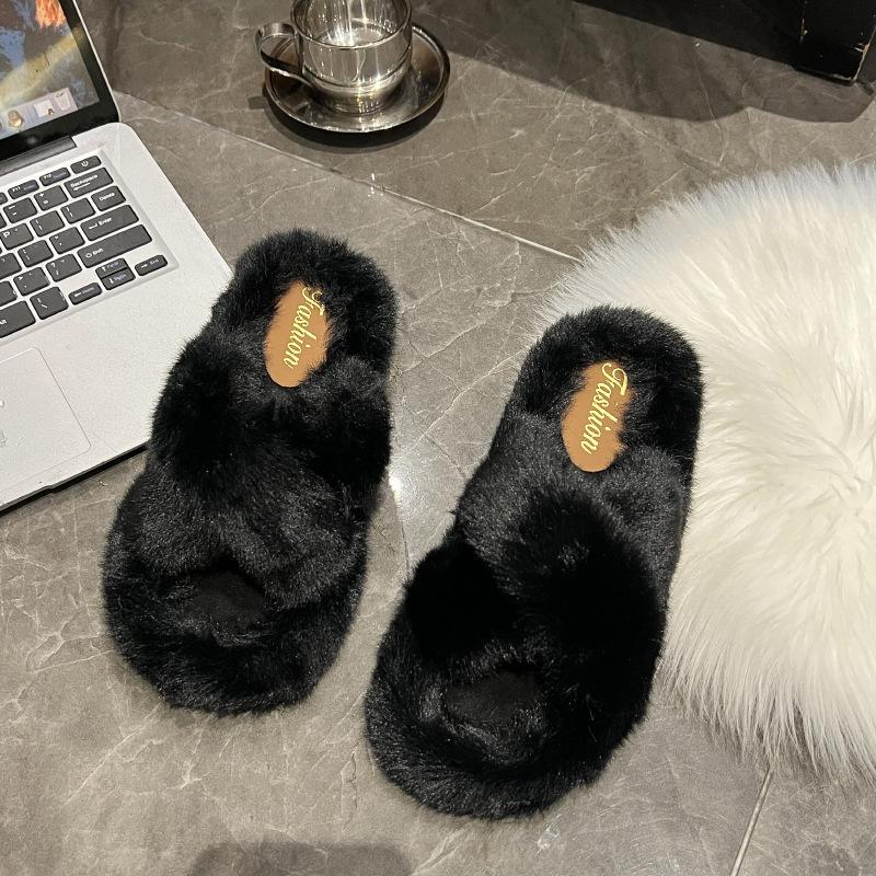 2024 Winter Women Home Indoor Casual Slippers Female Flip Flops Fluffy Shoes Cross Design Slides Ladies Soft Warm Plush Slipper