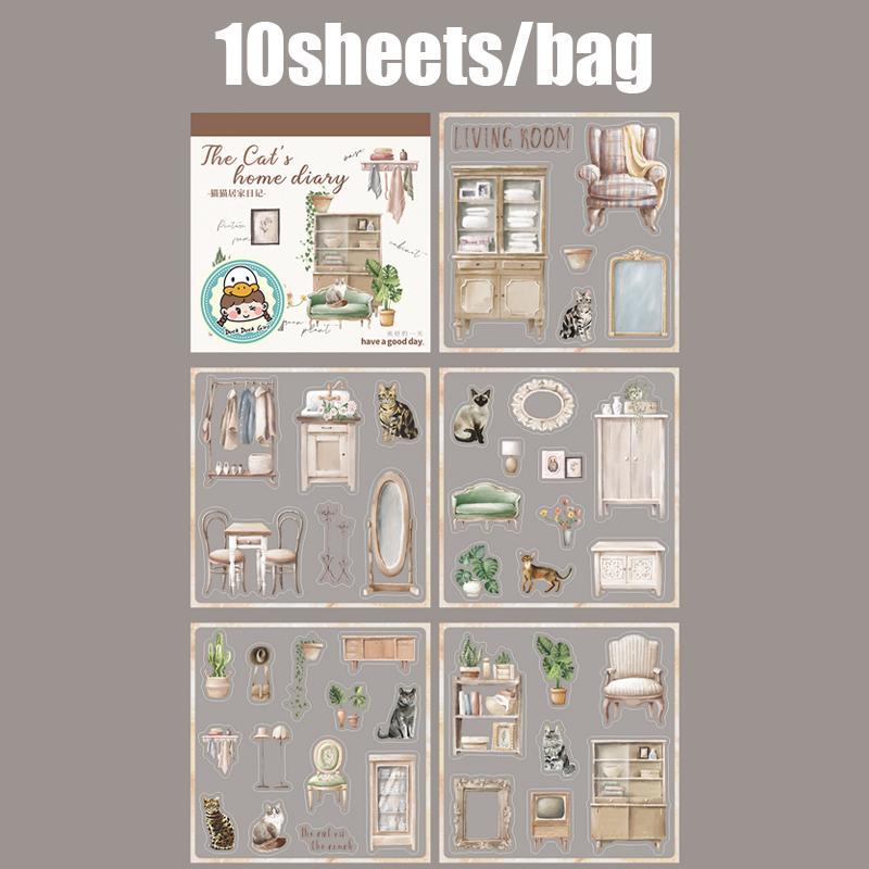 1 пакет Серия Cat Home Diary Книга наклеек для ландшафтного дизайна дома Скрапбукинг Наклейки Подарки для студентов Офисные принадлежности Канцелярские товары