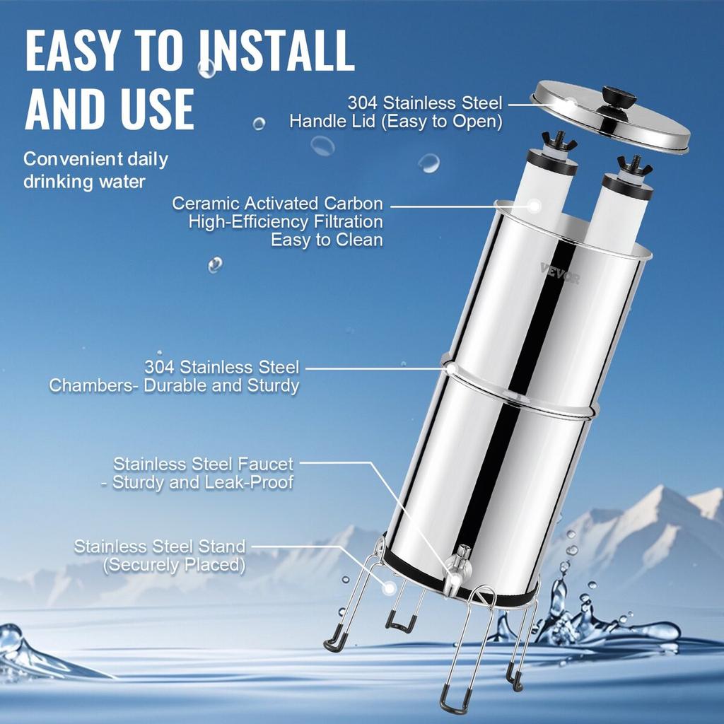 Gravity-fed Water Filter System, 2.25G 304 Stainless-Steel Countertop Water Filtration System, Reduces Lead and up to 99% of Chlorine, with 2 Ceramic