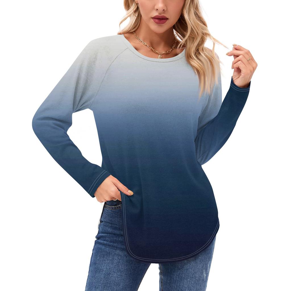 Женские рубашки с длинным рукавом, повседневные, модные, с градиентным принтом, туники, топы, с круглым вырезом, базовая свободная футболка
