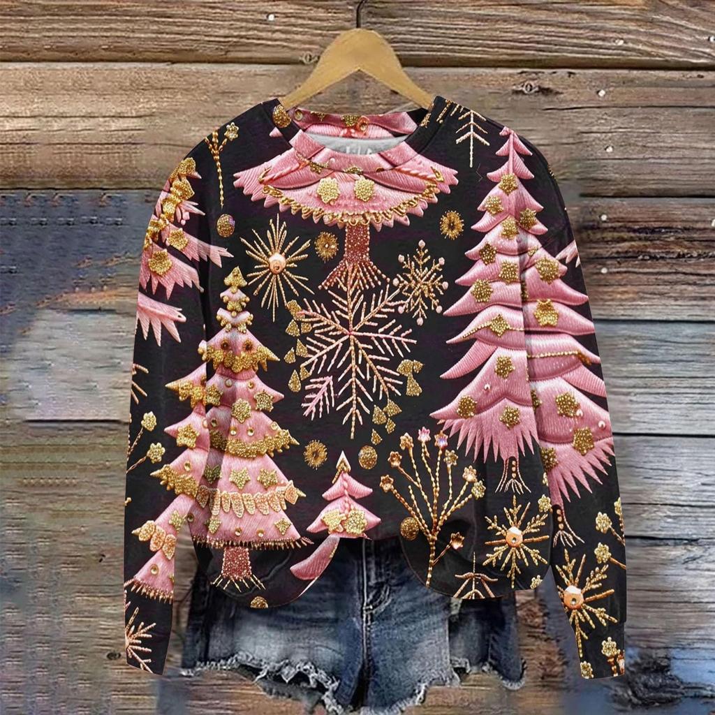 Ladies' Christmas Printed Long Sleeved Round Neck Hoodie Loose Top