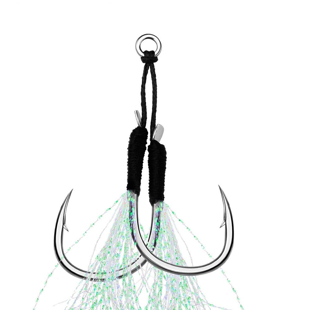 5Pair/Bag Jigging Fishing Assist Hooks 11-13-15-16-17-18-19-20# UV Light Double Barbed Jig Fishhooks With Glow Feather