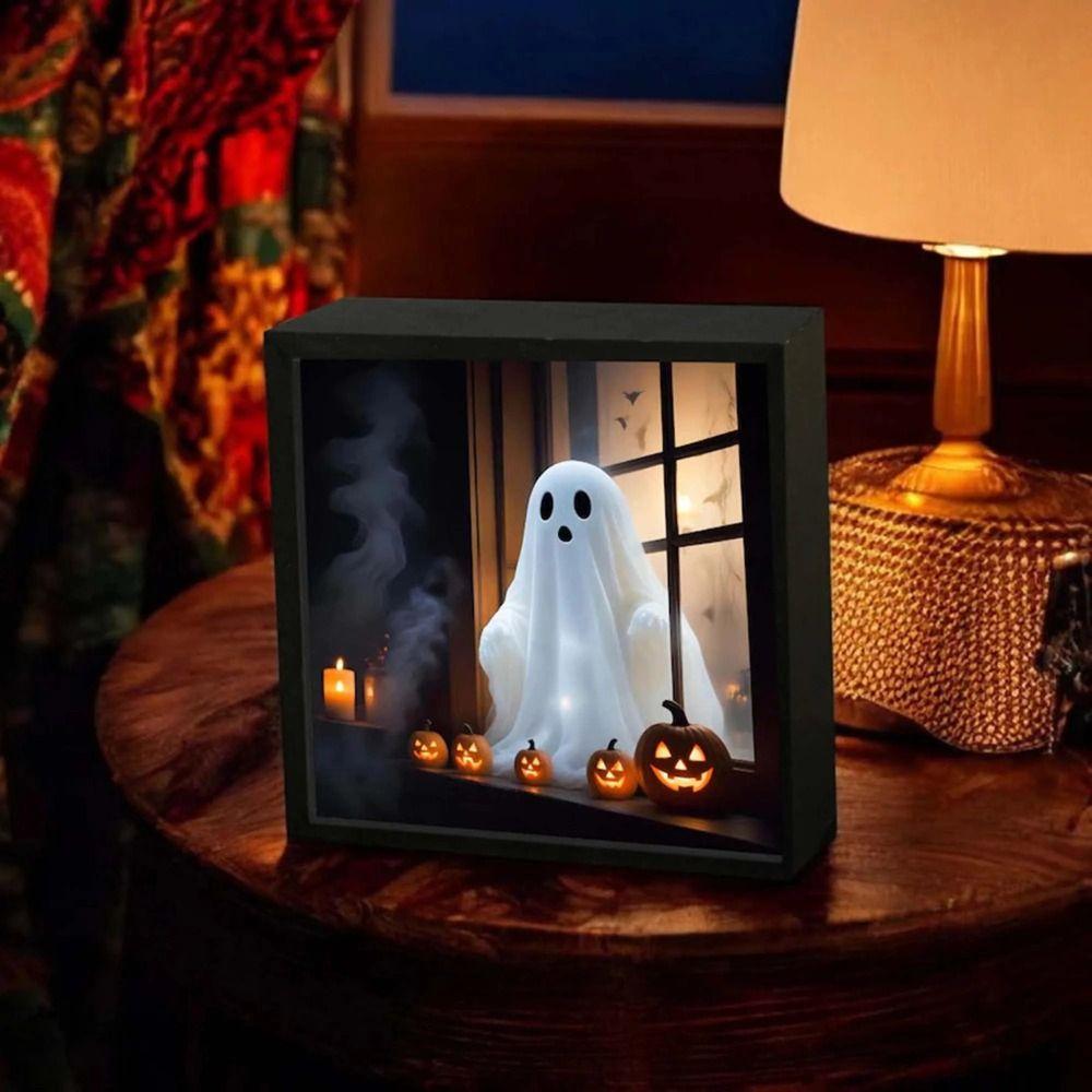 LED Halloween Night Light Wooden Ghost Painting Frame Lamp New Desktop Decor Ornaments Gifts