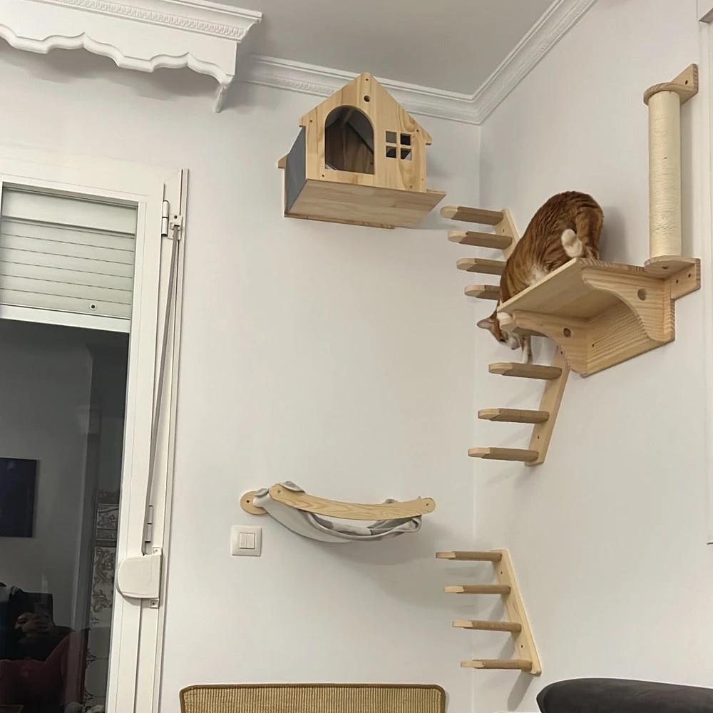 Деревянные полки для лазания кошек Настенное дерево для кошек Столбик для царапания из сизаля Гамак-ступенька Игровая площадка для котят в помещении Аксессуары для кошек