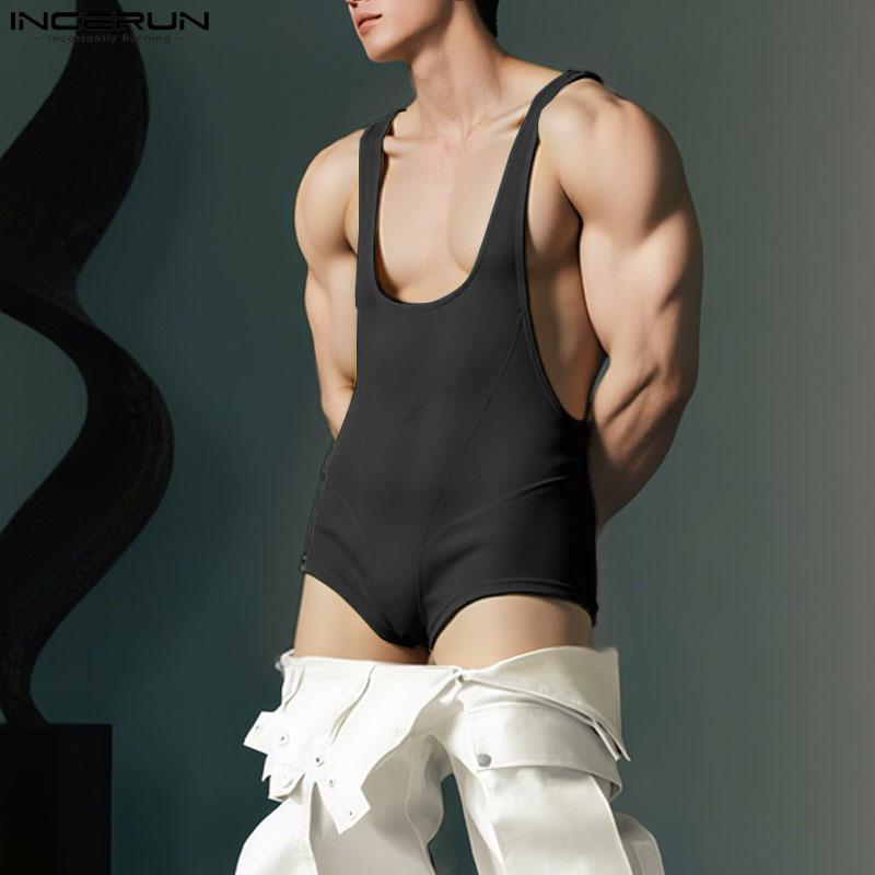 INCERUN Мужские комбинезоны-ромперы с низким вырезом, без рукавов, полупрозрачные, в рубчик, боди, нижнее белье