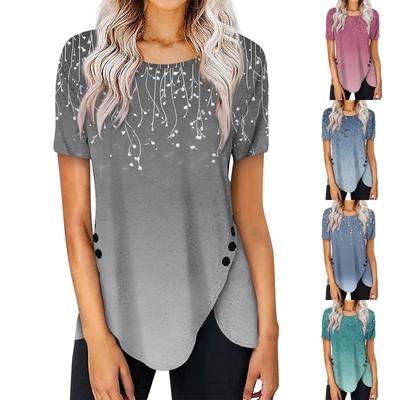 Женская мода повседневная блузка с коротким рукавом и круглым вырезом с принтом на пуговицах сбоку