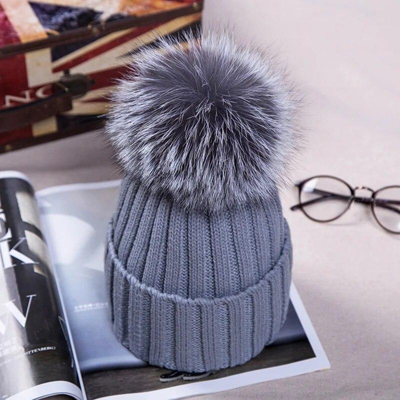 Winter Knitted Hats with Faux Fox Fur Ball Tops Women Pom Pom Beanies Warm Cap Casual Women's Fur Hat Fashion