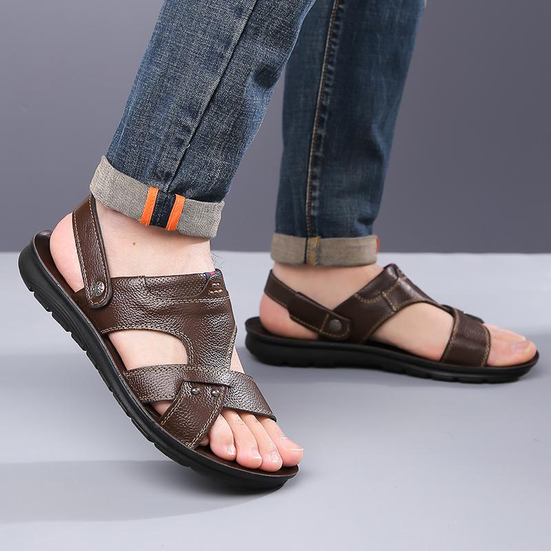 Men Black Leather Sandals Summer Brown Outdoor Hiking Sandals Outdoor Wide Head Beach Shoes for Father Over Sized