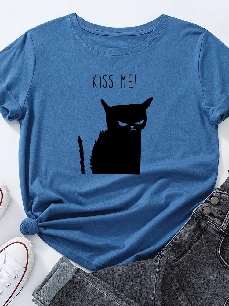 Футболка с принтом «Черная кошка» Kiss Me, женская, с коротким рукавом и круглым вырезом, свободная, летняя, женская, повседневная, футболка, топы, Camisetas Mujer