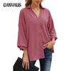 Большие размеры Женская рубашка с V-образным вырезом, однотонная шифоновая повседневная рубашка с рукавами-фонариками и пуговицами