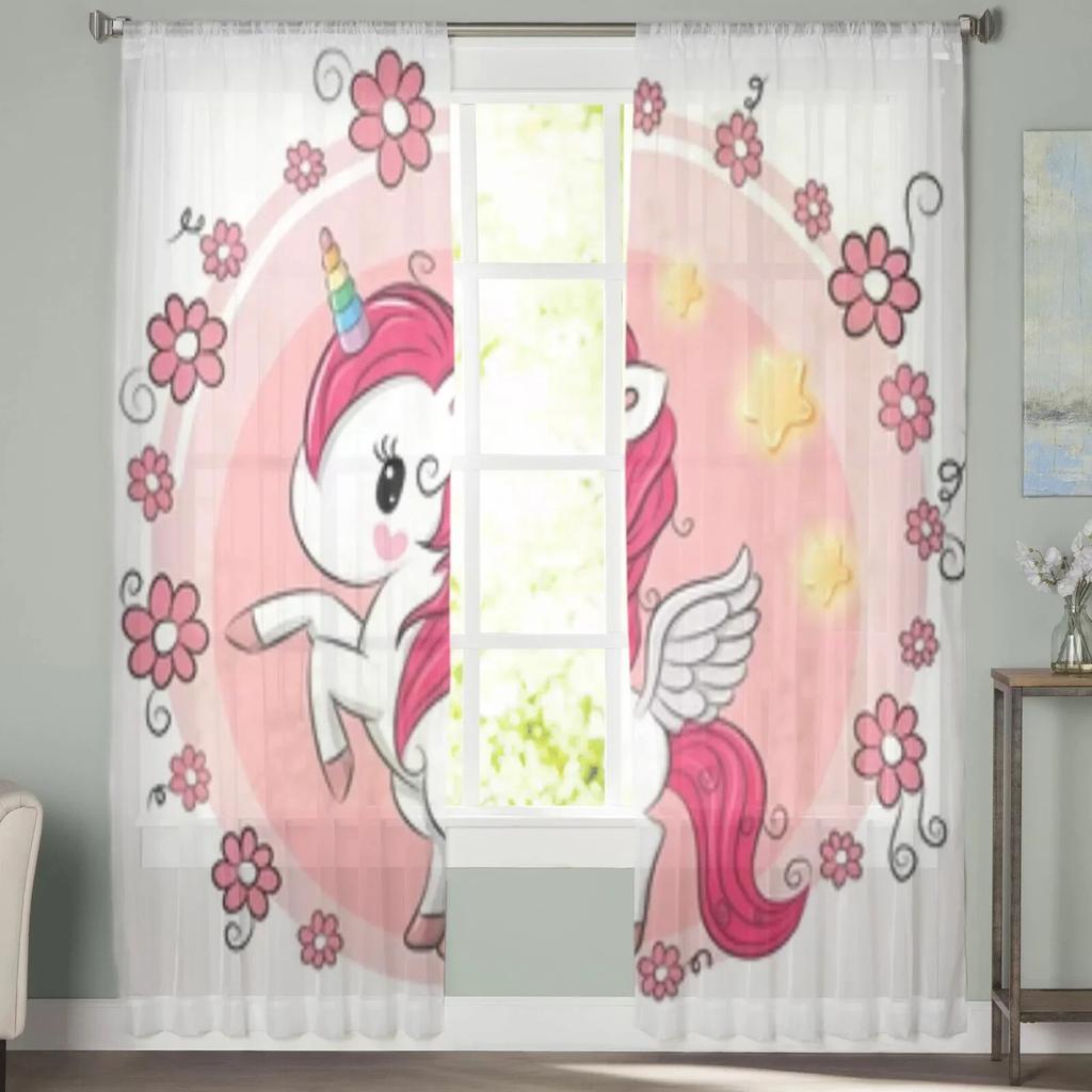 Милый мультяшный единорог с цветами, прозрачные шторы для гостиной, детская спальня, тюлевые шторы, кухонные шторы для окон