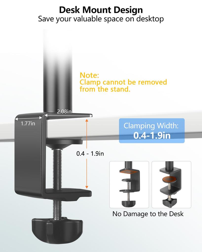 Hemmotop Camera Arm, Microphone Stand, Integrated Clamp, 1.25kg Load Capacity, Smartphone Arm, 360° & 340° Adjustable Angle, Desk Mount Stand, Copy
